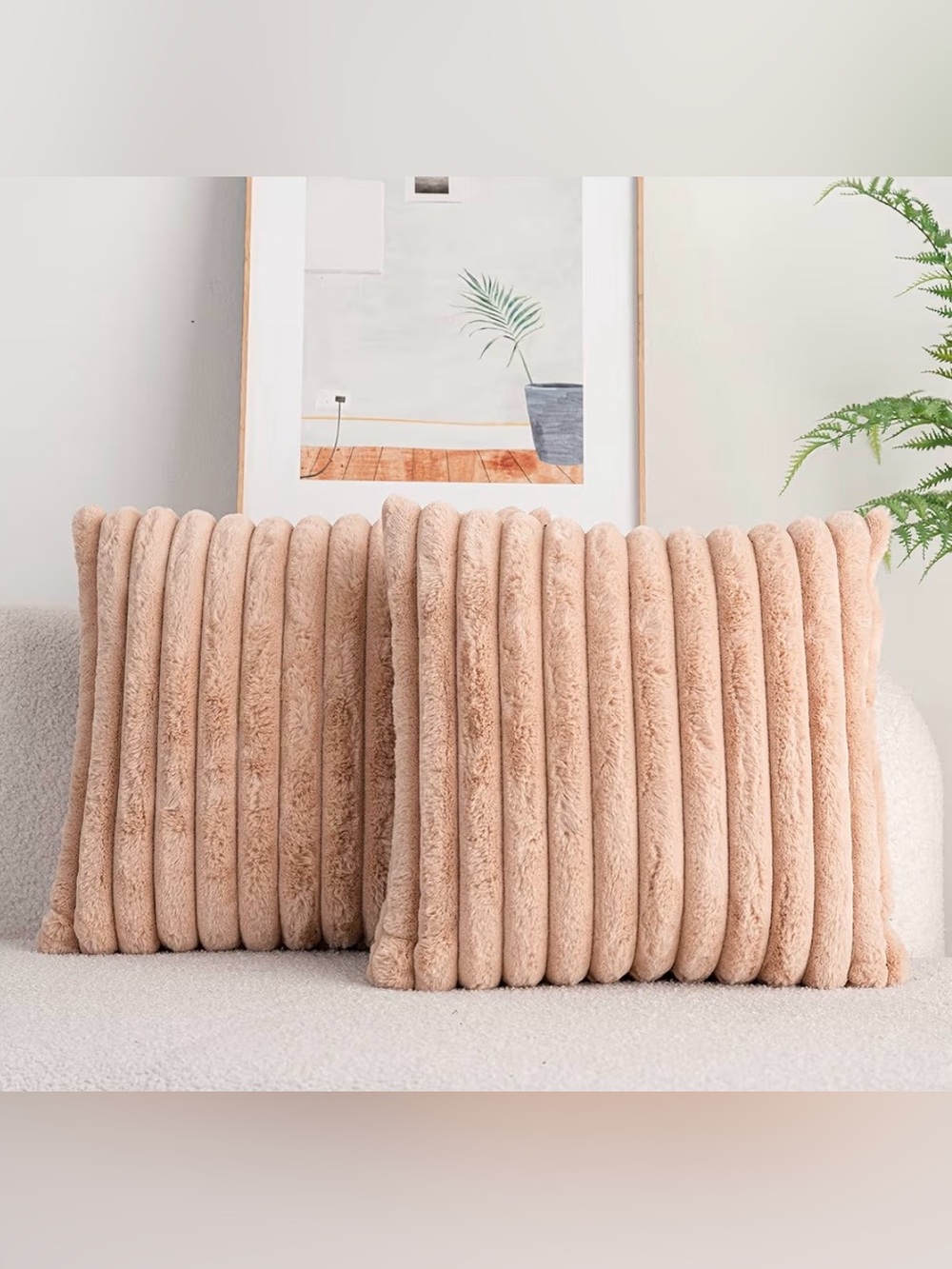 Set of 2 Plush Dbl Sided Faux Fur 18”x18” Decorative Throw Pillow Covers - Camel